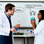 A Chemical Lab - From Idea to Experiment**

A brightly lit, modern chemical laboratory. In the foreground, a diverse team of young researchers are excitedly discussing ideas around a whiteboard covered in chemical structures and equations. In the background, lab equipment is visible: beakers, test tubes, and sophisticated analytical instruments. The overall feeling is one of innovation, collaboration, and the pursuit of scientific discovery. Focus on conveying the process from initial brainstorming to practical experimentation.

**