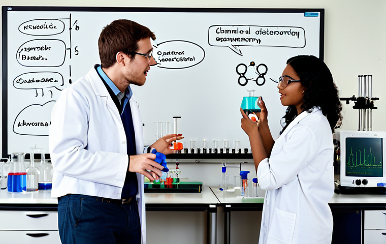 A Chemical Lab - From Idea to Experiment**
A brightly lit, modern chemical laboratory. In the foreground, a diverse team of young researchers are excitedly discussing ideas around a whiteboard covered in chemical structures and equations. In the background, lab equipment is visible: beakers, test tubes, and sophisticated analytical instruments. The overall feeling is one of innovation, collaboration, and the pursuit of scientific discovery. Focus on conveying the process from initial brainstorming to practical experimentation.
**