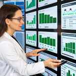 A confident, mid-career chemical engineer, gender-neutral, stands in a sleek, futuristic office. They are interacting with a transparent data screen displaying complex market trends, salary benchmarks, and career progression paths in specialized chemical sectors like green chemistry and bioprocesses. In their hand, a tablet shows personal achievement metrics and a unique value proposition. The scene emphasizes strategic career planning, data-driven negotiation, and a deep understanding of industry dynamics, with elements of sustainability and innovation subtly integrated into the background.