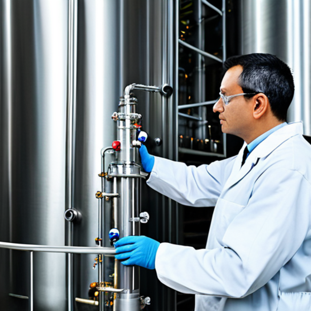 **

A chemical engineer, fully clothed in appropriate lab attire, is meticulously examining a distillation column in a modern chemical plant. The environment is filled with pipes and gauges. Safe for work, appropriate content, professional setting, perfect anatomy, natural proportions, family-friendly.

**