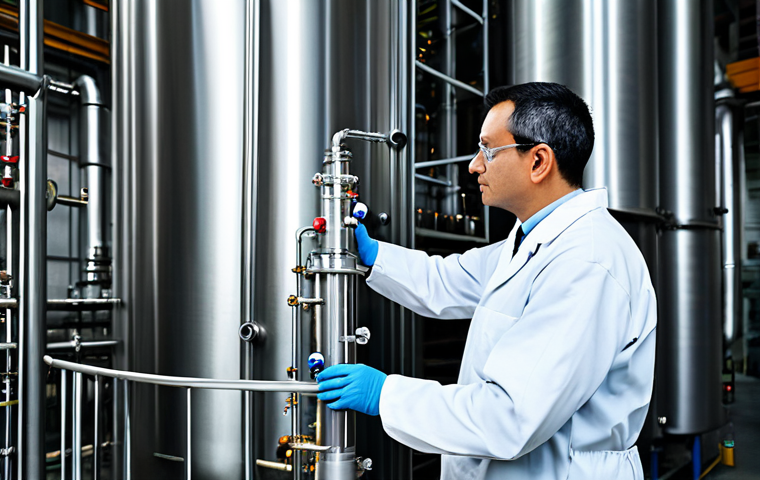 **
A chemical engineer, fully clothed in appropriate lab attire, is meticulously examining a distillation column in a modern chemical plant. The environment is filled with pipes and gauges. Safe for work, appropriate content, professional setting, perfect anatomy, natural proportions, family-friendly.
**
