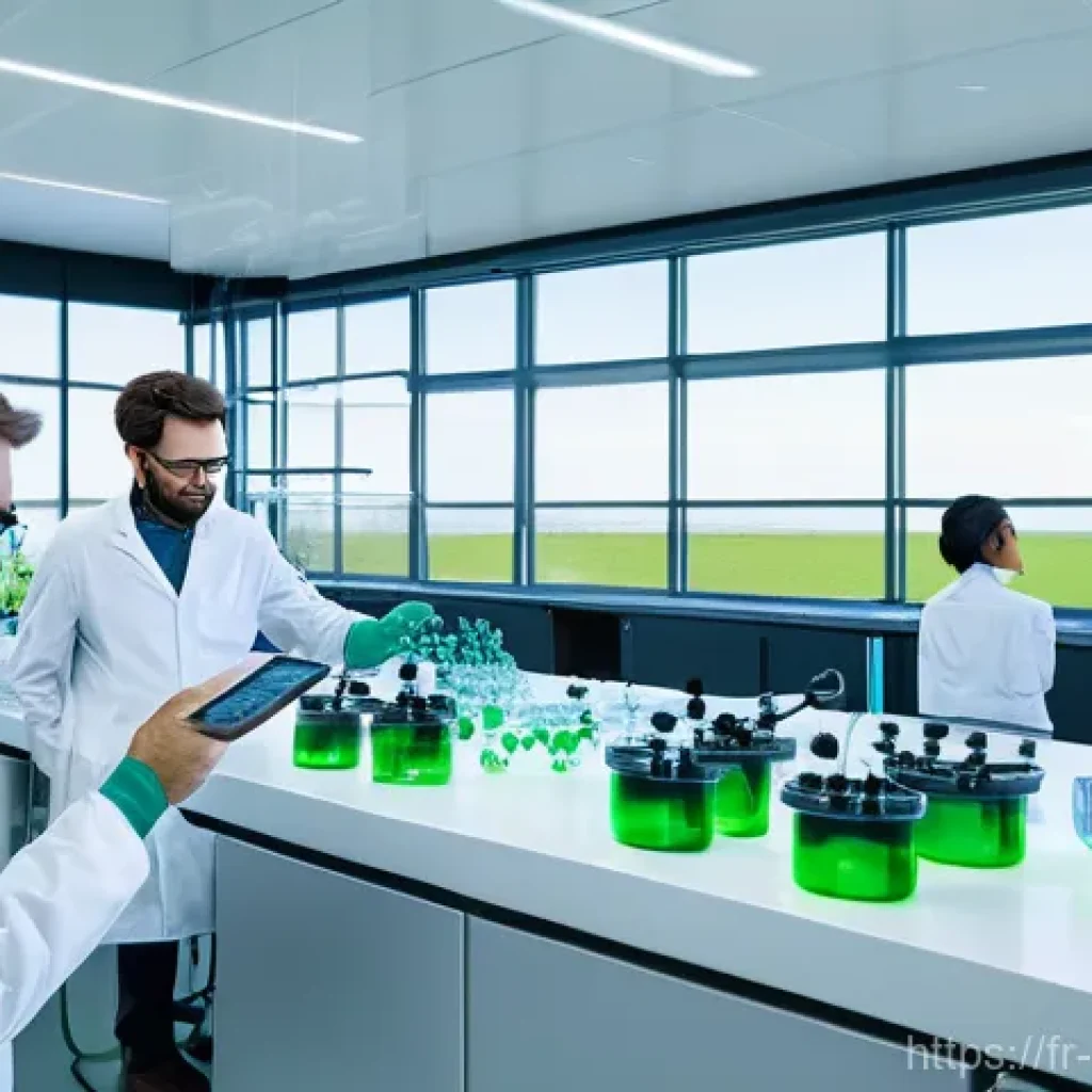 화학공학 화학공학 동향 - **Prompt:** A diverse team of chemical engineers, wearing clean lab coats and safety glasses, collab...