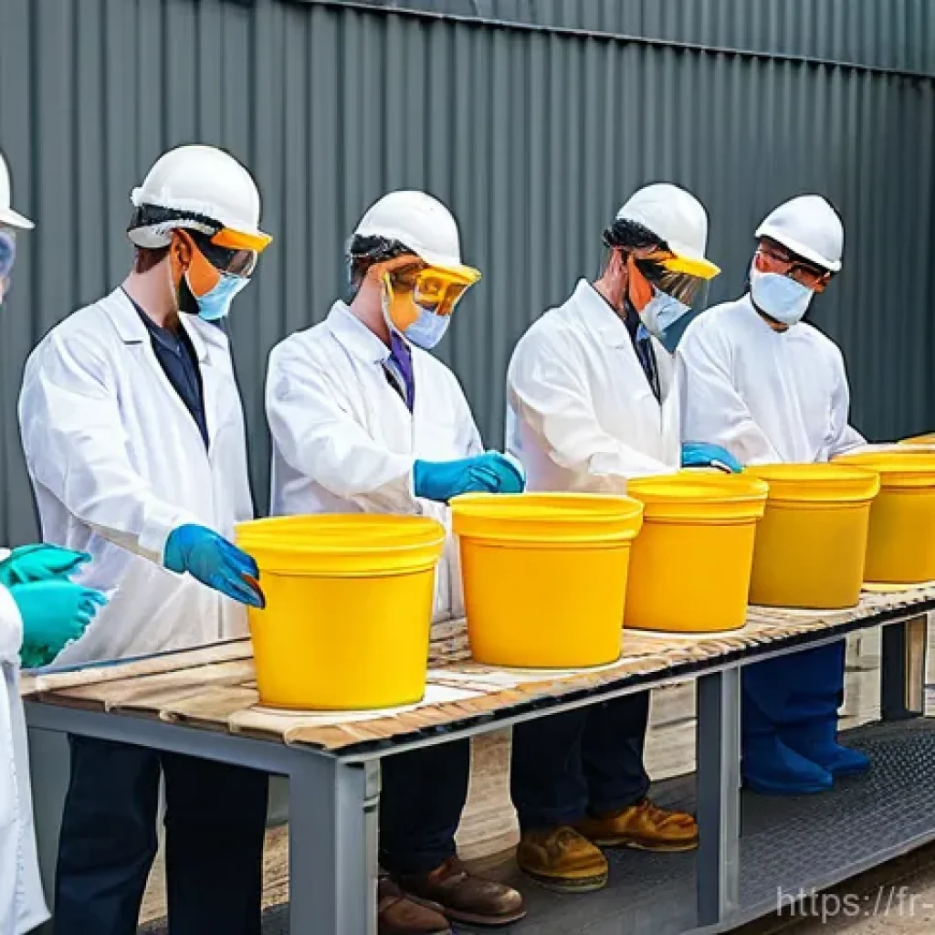 화학공학 안전 교육 - A diverse group of chemical engineers and plant workers, male and female, of varying ages, dressed i...