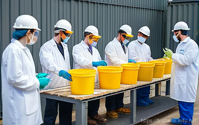 화학공학 안전 교육 - A diverse group of chemical engineers and plant workers, male and female, of varying ages, dressed i...
