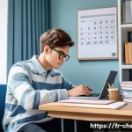 Home 21 화학공학 자격증 시험 준비 - A focused French student sitting at a modern study desk in a cozy, well-lit room with shelves of che...