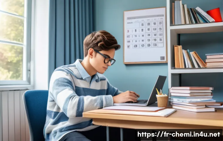 화학공학 자격증 시험 준비 - A focused French student sitting at a modern study desk in a cozy, well-lit room with shelves of che...