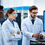 Home 19 화학공학 대학원 진학 - A modern chemical engineering laboratory scene showing a diverse group of graduate students collabor...