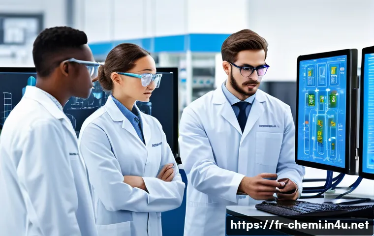 화학공학 대학원 진학 - A modern chemical engineering laboratory scene showing a diverse group of graduate students collabor...