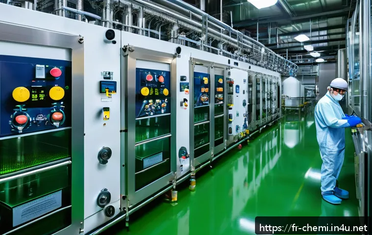 화학공학 직무 체험기 - A modern chemical manufacturing plant interior showcasing large-scale industrial equipment and machi...
