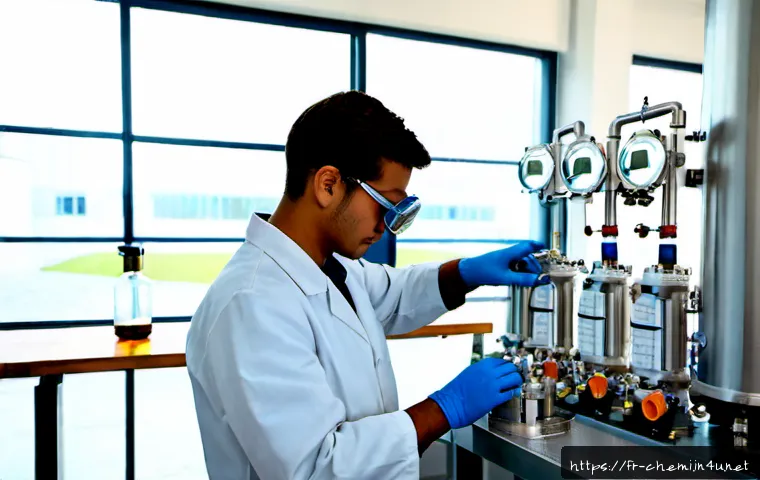 화학공학 기술적 능력 개발 - Photorealistic chemical engineering skill development scene in a modern French university pilot labo...